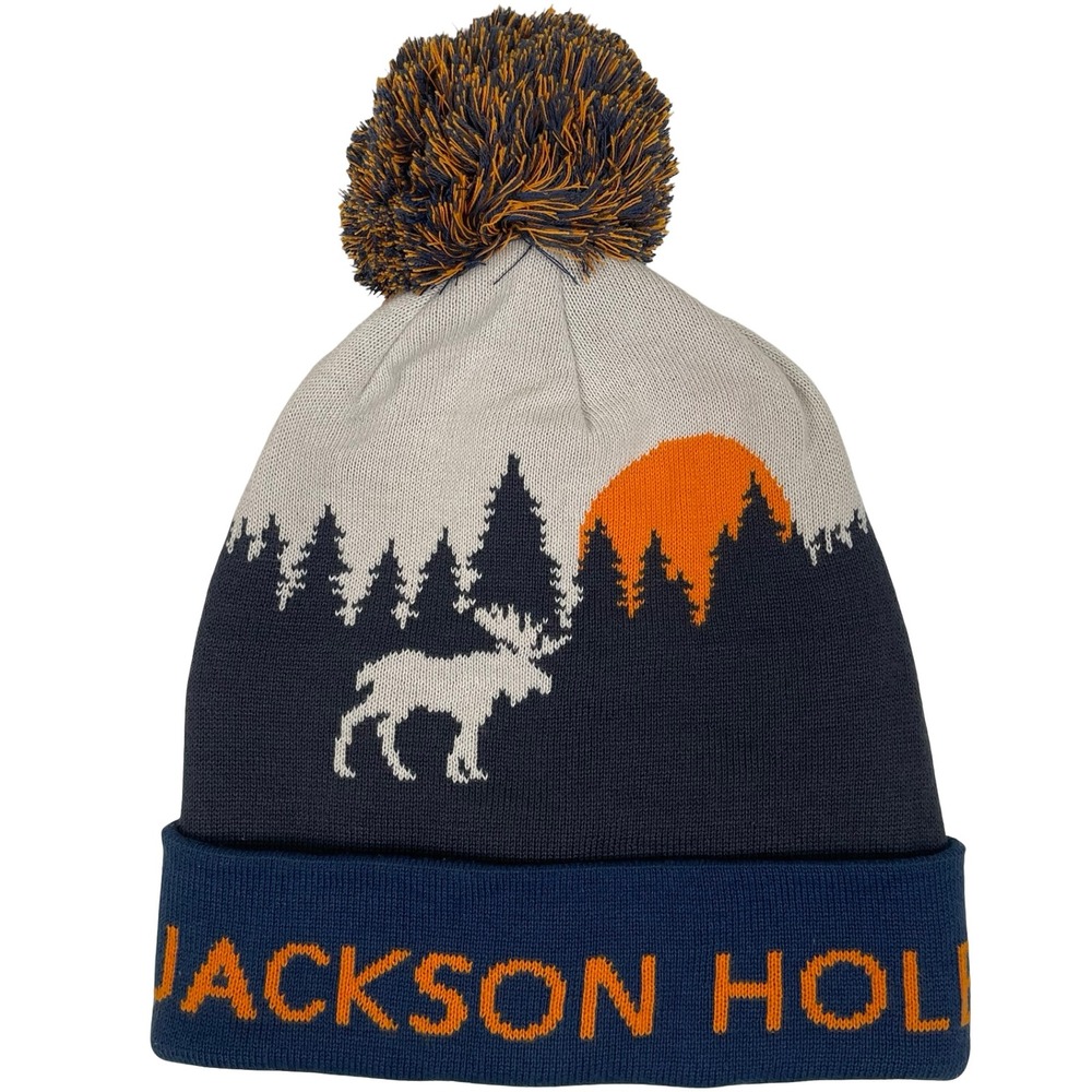 Locale Jackson Hole Beanie Unisex Blue‎ Grey Moose Sunset Pom Pom Knit Hat Lined